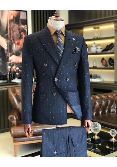 İtalyan stil slim fit çizgili kruvaze ceket pantolon takım elbise lacivert T9501-Lacivert