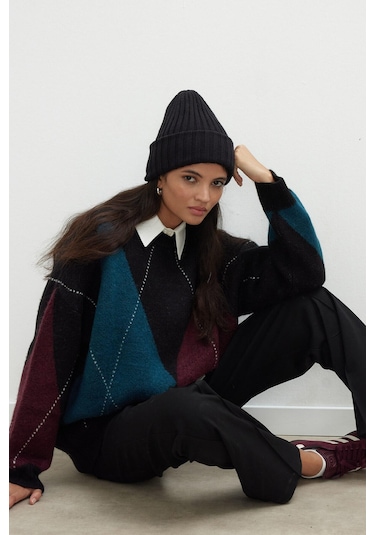 Manuka Baklava Desen Triko Kazak Petrol