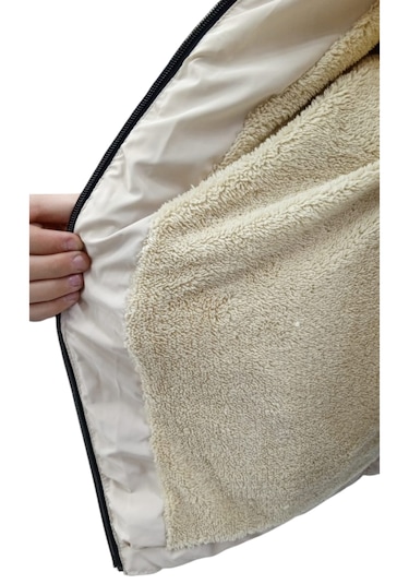 Kız Çocuk /erkek Çocuk Çapraz Fermuar Model Kapüşonu Çıkabilen İçi Peluş Astarlı Bej Renk Mont Bej