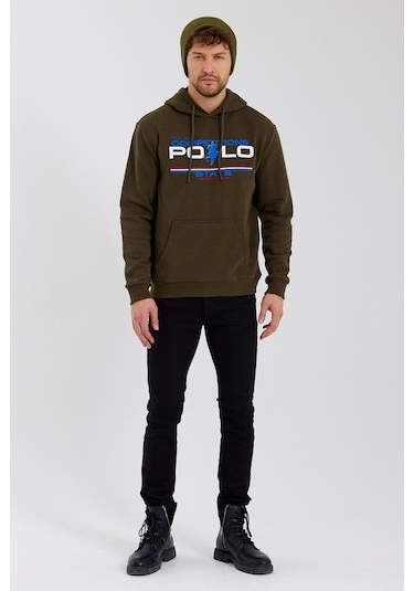 Polostate Erkek Kapüşonlu Baskılı 3 İplik Sweatshirt Haki