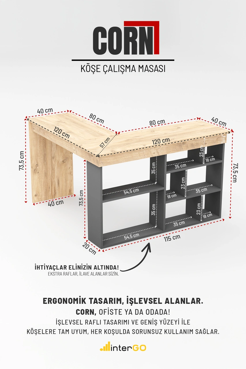Corn Köşe Çalışma Masası Raflı Bilgisayar, Ofis Masası Atlantik Çam - Antrasit Gri Atlantik Çam - Antrasit