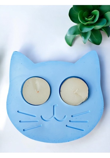 Mavi Kedi Şekilli Beton Mumluk - El Yapımı Dekoratif Çay Işığı Tealight Mumluk - Minimalist Kedi Tem Mavi