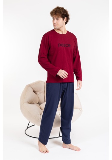 Erkek Penye Pamuk Regular Kalıp Sıfır Yaka Kaliteli Pijama Takımı A803123 Bordo