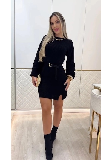 Defymoda Kadın Uzun Kollu Yuvarlak Yakalı Kısa Triko Elbise Siyah