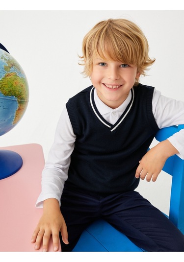 Koton Süveter V Yaka Çizgi Detaylı Lacivert 4wkb90002tt 4WKB90002TT720 Lacivert