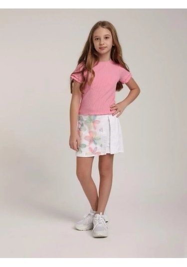 Kız Çocuk Çiçek İşlemeli Tasarım Kot Şort Etek-15623 Beyaz