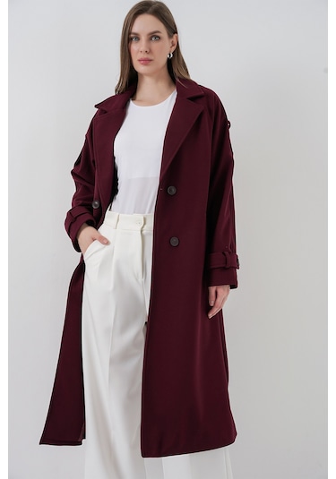 Kadın Kuşaklı Kaşe Kaban 9161 - Bordo Bordo