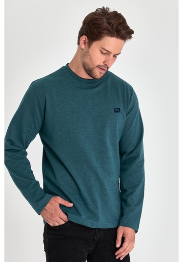 MMetalic Erkek Petrol Çift Bisiklet Yaka Baskı Detaylı Standart Rahat Kesim Sweatshirt Yeşil