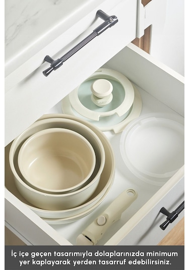 Karaca x Refika Swiss Crystal Almond Cream Easy Clıp 9 Parça Tencere Seti Ind