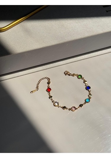Renkli Taş Detaylı Altın Kaplama Bileklik Zarif Kadın Takı Çok Renkli