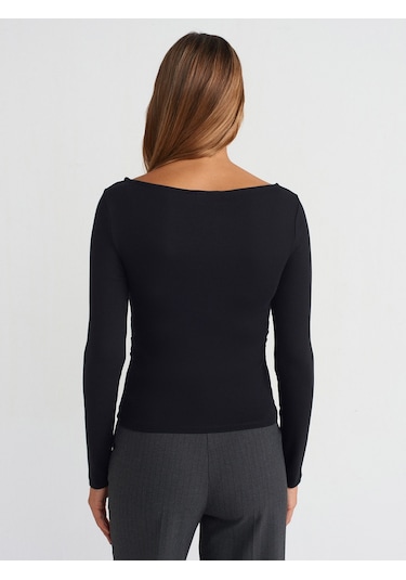Dilvin 31401 Büzgülü Kayık Yaka Top Siyah