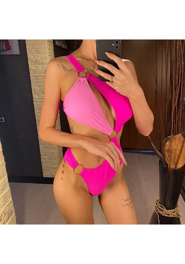 Seksi Asimetrik Ekleme Tek Omuz Kadın Mayo Tek Parça Mayo Kadın Monokini Kesik Bather Mayo Yüzme Pembe