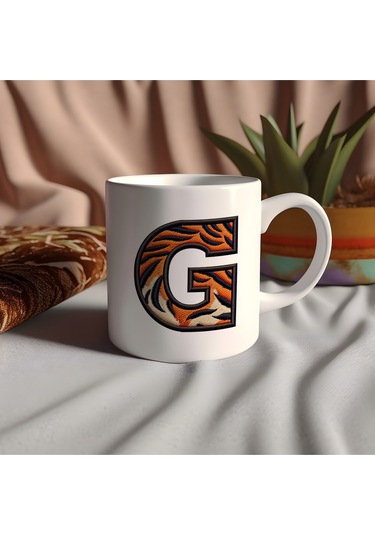 G Harfi Kaplan Figürlü Nakış Desenli Kupa Bardak - Kişiye Özel Vahşi Hayvan Desenli Kupa - Hediye Beyaz