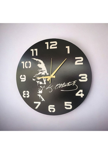 Atatürk İmza Ahşap Siyah Renk Sade Sayılı Hediyelik Sessiz Duvar Saati 50cm Siyah