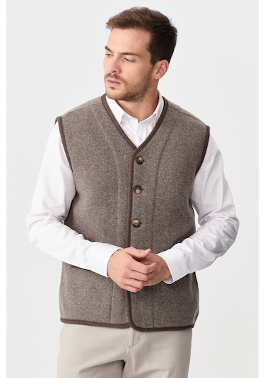 Erkek V Yaka Keçe Aksesuarlı Pike Dokuma Yün Yelek Vizon Vizon