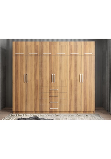 Biray 6 Kapaklı Gardırop Dolap Ceviz 208 Cm Montaj Dahil