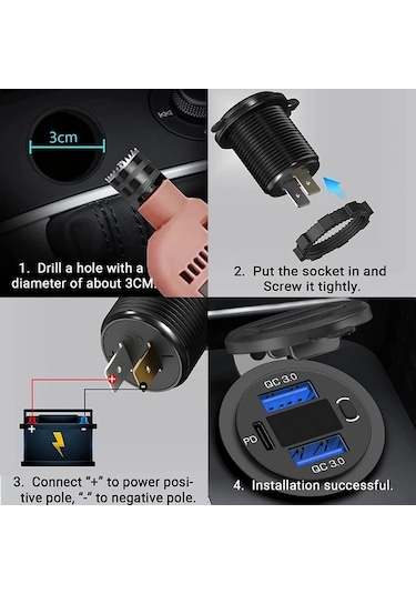 Boatshop1 Üç Arayüzlü Usb Type-c Qc3.0 Pd3.0 Uyumlu Led Ekranlı Yeşil Işık Çizgili Araba Şarj Cihazı 12v 24v Araçlar İçin