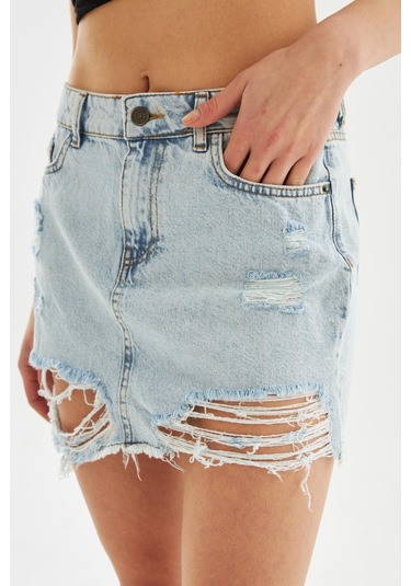 Explode - Kadın Yırtık Detaylı Mini Kot Etek Açık Mavi-açık Mavi Açık Mavi