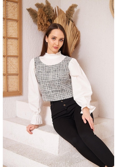 Darlin Moda Gri Tüvit Detaylı Uzun Kollu Bluz Dm9000 Gri
