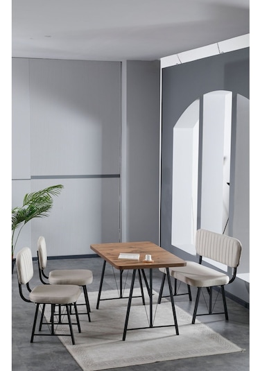 Elfin 70x110 Atlantik Yemek Masası, Yemek Masası Takımı, 2 Sandalye 1 Bench - Krem Krem