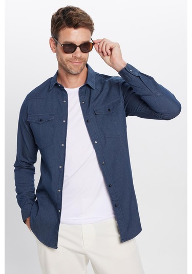 Erkek Slim Fit Dar Kesim Çift Cepli Denim Kot Lacivert Gömlek-31927 Lacivert