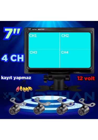 Kayıtsız 7 İnç Monitör Ve 4 Adet Kamera Seti 12 Volt