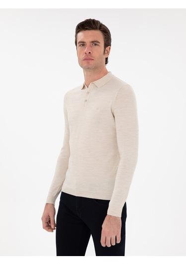 Cacharel Bej Slim Fit Yün Karışımlı Polo Yaka Basic Triko Kazak
