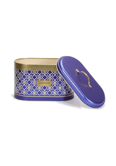 Turkish Blue Bread Box Desenli Oval Metal Ekmek Kutusu, 10.4 Lt Mavi