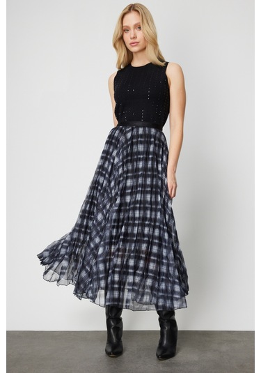 On Kadın Ekoseli Pileli Maxi Boy Etek 60214 Siyah Siyah