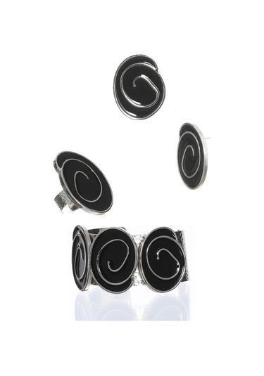 Kadın Gümüş Renk Lak Kaplama Çivili Model Siyah Mineli Küpe &yüzük &bileklik Set Siyah