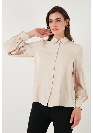 Lela Regular Fit Dikiş Detaylı Düz Yaka Balon Kol Bayan Gömlek 611Go00003 Taş