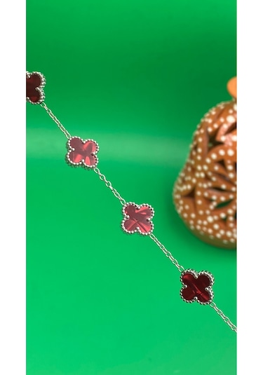 Gümüş Renk Taşlı Yonca Model Çelik 316l Bileklik Gümüş - Bordo