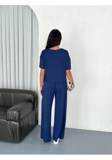 Osy Modal Yumuşak Dokulu Kumaş Bisiklet Yaka T-shirt Bol Paça Pantalon Ikili Takım -saks Mavi Saks Mavi