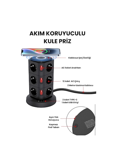 Yeni Akım Korumalı 2.4a Kule Priz Kablosuz Şarj Istasyonu 12x Soketli 2 Type-c 1x Usb Çıkışı 0.2 M