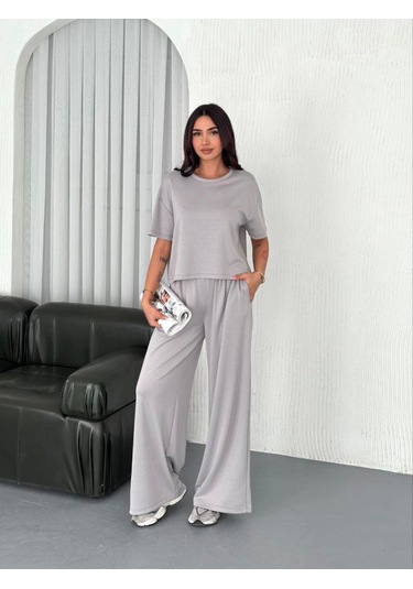 Osy Modal Yumuşak Dokulu Kumaş Bisiklet Yaka T-shirt Bol Paça Pantalon Ikili Takım - Boyalı Gri Gri