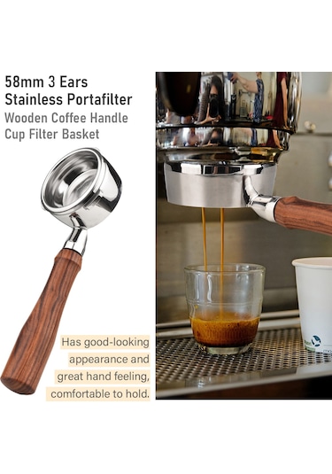 Wezone 58mm Kahve Makinesi Portafilteri, Ahşap Saplı Üç Kulaklı, Gıda Grubu Paslanmaz Çelik, Barsetto Ba101/ba102 Calphalon Temp Iq Uyumlu Kahverengi