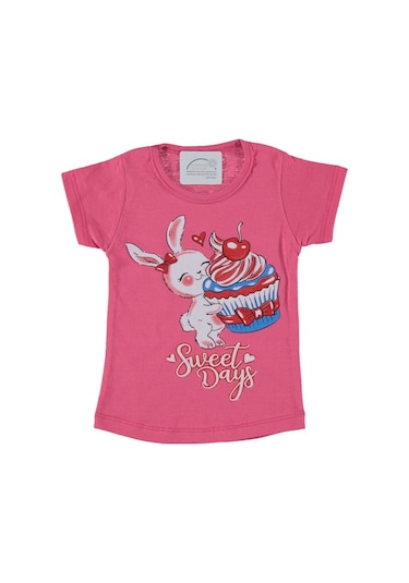 Liay Moda Pastalı Tavşan Baskılı Kız Çocuk Tişört Pembe
