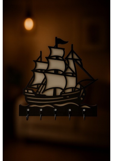 Gemi Figürlü Duvar Anahtarlık Askısı Siyah - Beyaz