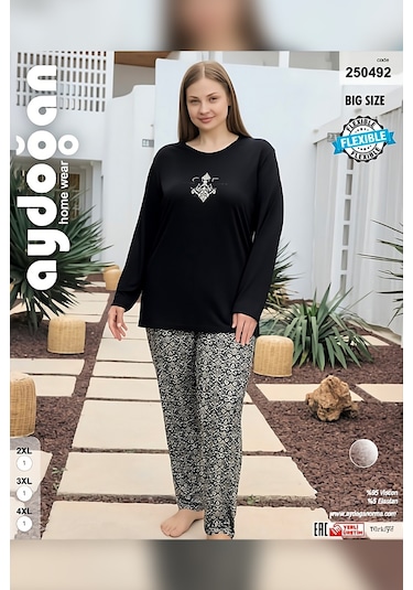 Aydoğan Kadın İnci Büyük Beden She Is Me Siyah Pijama Takımı 0492 Siyah