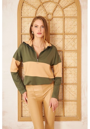 Kadın Uzun Kol Fermuarlı Polo Yaka Color Block Basic Salaş Sweatshirt Bluz 3471210 Haki