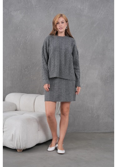 Kadın Bisiklet Yaka Saç Örgü Kazak Etek İkili Triko Takım Antrasit