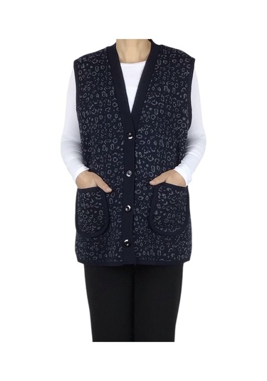 Kadın Önü Düğmeli Cepli Kalın Kışlık Kısa Yelek Lacivert