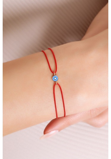 14 Ayar Altın Ipli Nazar Göz Bileklik Mineli - Kırmızı