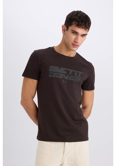 Defacto %100 Pamuk Slim Fit Dar Kesim Bisiklet Yaka Baskılı Kısa Kollu Tişört E0577ax25smbn337 Kahve