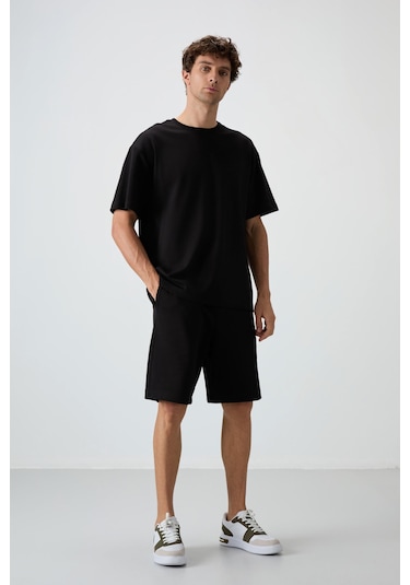 Siyah Pamuklu Kalın Yumuşak Dokulu Oversize Fit Basic Erkek Şort Takım - 85249 Siyah