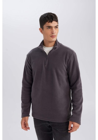 DeFacto Antrasit Tüylenme Yapmayan Soğuk Geçirmez Regular Fit Dik Yaka Fermuarlı Polar Sweatshirt Y3996AZNSAR126
