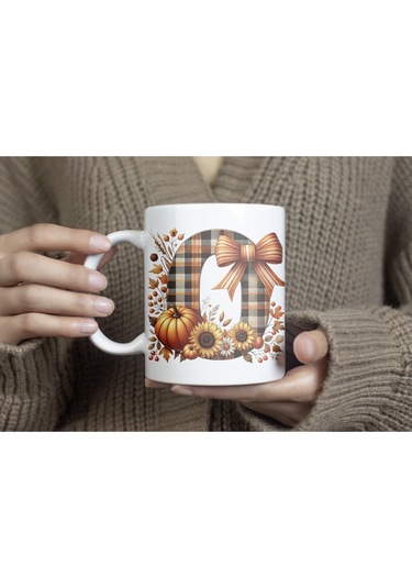 O Harfi Ekose Ve Sonbahar Temalı Kupa Bardak - Kişiye Özel Sıcak Tonlar Alfabe Kupa - Hediye Beyaz