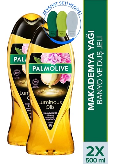 Palmolive Luminous Oils Makademya Yağı ve Şakayık Özleri Banyo ve Duş Jeli 2 x 500 ML + Seyahat Kiti