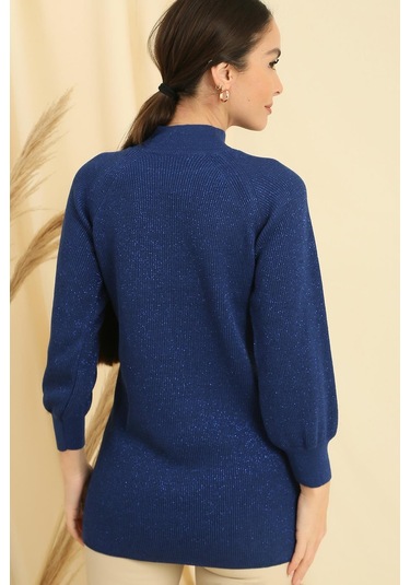 Boyun Dekolteli Saç Örgülü Desen Büyük Beden Spor Tunik Kazak-35203 - Saks