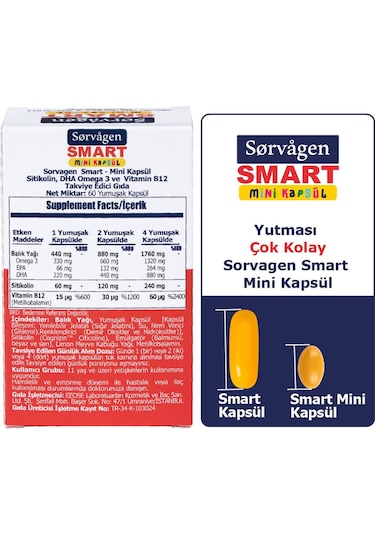 Sorvagen Smart Mini Kapsül Sitikolin Dha Omega 3 ve B12 60 Kapsül